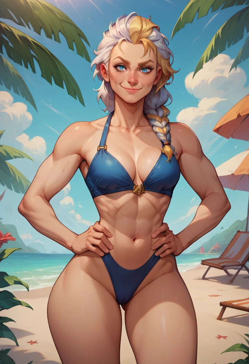 1woman, cleavage, on a beach, hands holding own hips, smile, medium breasts, wide hips, big ass, jaina proudmoore,,standing