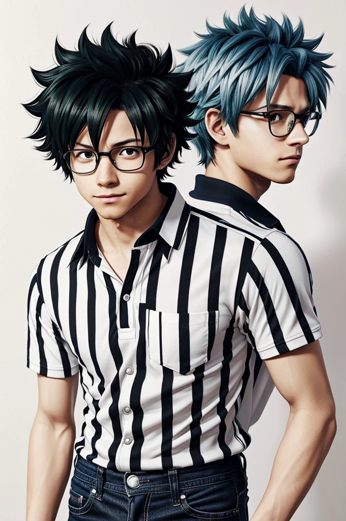 Anime drawing style of My hero academia Izuku Midoriya anime version is the protagonist, and next to him is a tall boy with white skin, glasses, long wavy emo-style hair, and he is wearing a black and white striped polo shirt with blue jeans, and in the background there is an anime-style birthday party.