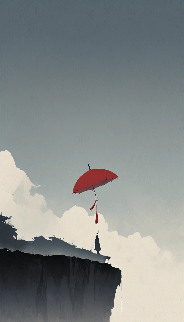 simple,Minimalist illustration,1 red umbrella - hanging in the air,Tassels on umbrellas,solitary figure,Cliff edge,bridge