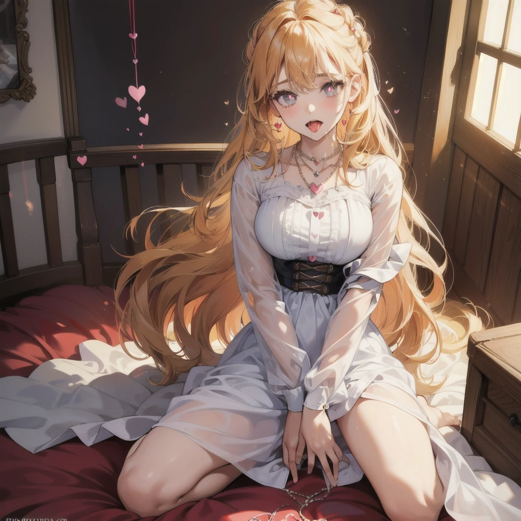 (masterpiece: 1.4), (Highest quality: 1.4), 8K, High resolution, Ultra Clear，One girl，（Big Breasts：1.4），Long golden hair,(Heart-shaped pupils:1.3),(Tonue out:1.2),Scared:1.3，,Exposing the abdomen，White transparent tulle，Ton，（look up），Spread your legs，Fingers of the lower body，Bedroom at night，necklace，Dirty clothes, Dairy Cow, Kneel, (cry: 0.7), Open your mouth, saliva, throat, Sticking out tongue, Hanging, Blowjob_Invitation to, In the mouth, (Heart-shaped pupils),  