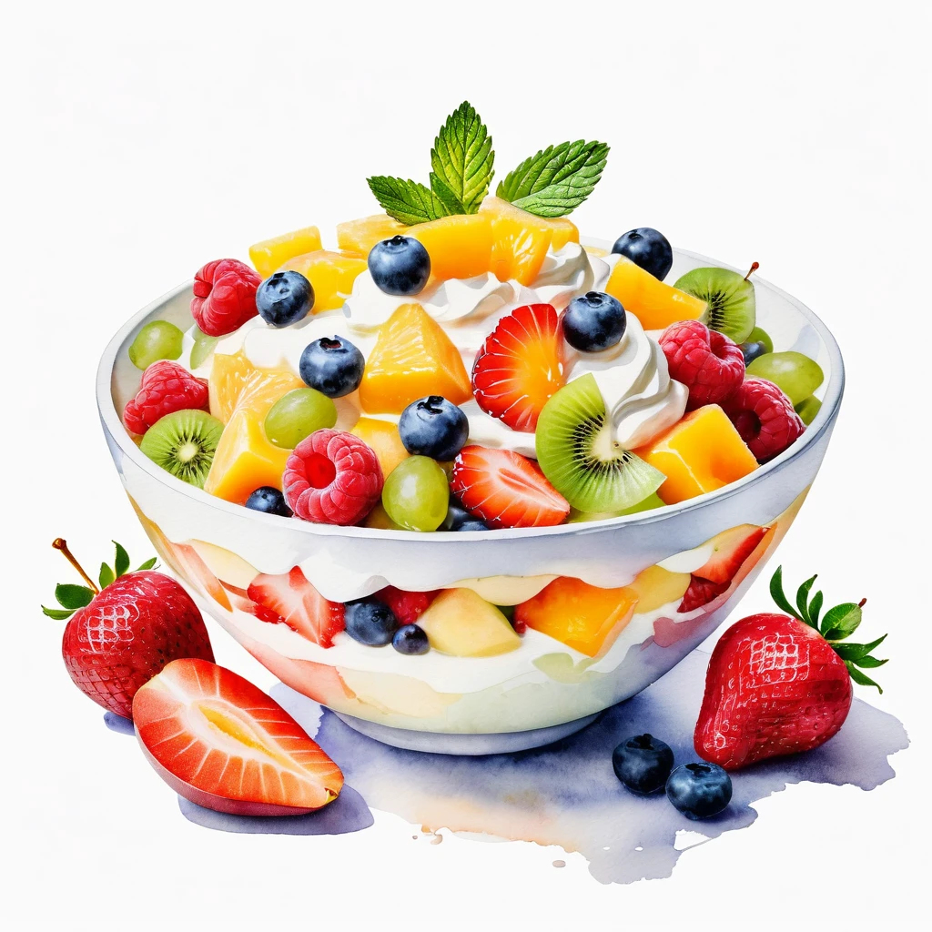 a painting of a bowl of delicious fruit salad with mayonnaise and cream, ((watercolor)), solid white background, center composition, negative space around the object, washed out color, detailed masterpiece