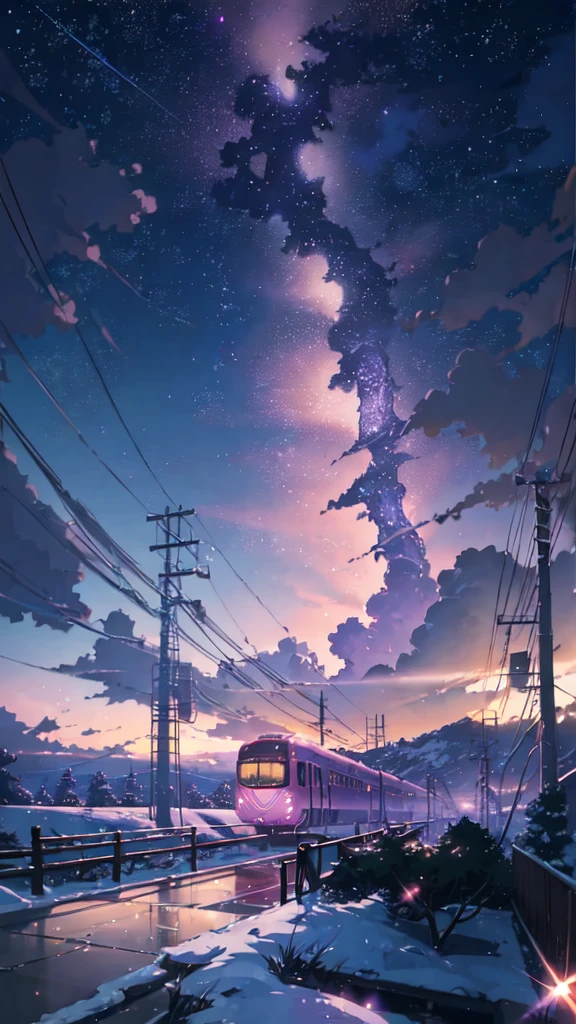 (((Makoto Shinkai style)),pixiv,anime drawing,high quality,pink purple sky,beautiful scene),(universe,train passing,magical realism,((makoto shinkai style)) ::0.8), [Artistic Atmosphere, Atmosphere:0.8, Starry Sky, Hills, Snow Mountain, Sparkling Water, Grass, Trees, Smoke, Stars, Low Angle of View, Specular Scattering,
