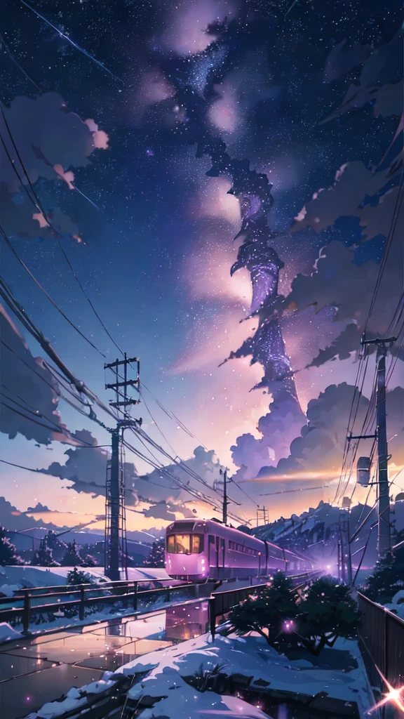 (((Makoto Shinkai style)),pixiv,anime drawing,high quality,pink purple sky,beautiful scene),(universe,train passing,magical realism,((makoto shinkai style)) ::0.8), [Artistic Atmosphere, Atmosphere:0.8, Starry Sky, Hills, Snow Mountain, Sparkling Water, Grass, Trees, Smoke, Stars, Low Angle of View, Specular Scattering,