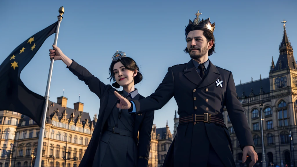 German Scene,Spectacular,Magnificent,style,Black-haired queen holding a blue banner,crown,Nazi hand gesture,European Parliament Building,Point your hand forward
