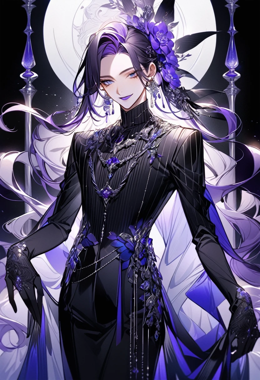 Feminine boy, soft womanish facial features, smile, squinted siren dark blue eyes without glare, silver and dark purple long loose hair with straight bang, fantasy black clothes with blue and purple elements, long black gloves, model, gorgeous, elegant, lots of silver jewelry, flowers in his hair, skinny body, hourglass figure, light lipstick