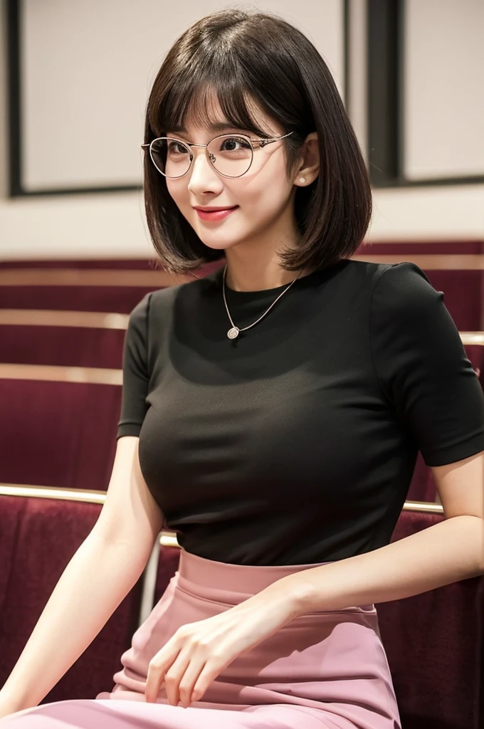 Adult feminine sex appeal、Sexy female scholar、Surrounded by female college students、University lecture hall, university psychology associate professor, ((full body)), ((photo)), ((best qualtiy, 8K, tmasterpiece:1.3)), Focus:1.2, perfect figure beautiful woman:1.41woman, cowboy shot, look at viewer, eyes facing the camera, incredibly absurd, beautiful and cute woman with a photorealistic face, showcasing top-quality craftsmanship, A Japanese woman giving a lecture at a university lecture hall, 27 years old, with a bob cut and flipped hair, short bangs swept at an angle, smooth and shiny hair, natural hairline, fair and smooth skin, plump and healthy cheeks, large, jet black eyes, round eyes, long and upward-facing eyelashes, double eyelids, thin and straight eyebrows, small and round nose, plump lips, upturned corners of the mouth, charming smile, cute face, glamorous, well-balanced proportions, tall, beautiful D-cup breasts, silver-rimmed glasses, pink blouse, black tight skirt, fashion with a waist-marked silhouette, scarf, heeled shoes, vanilla perfume, beautiful, pretty older woman, glasses suit her, knowledgeable, playful, curious, smart, elegant, November