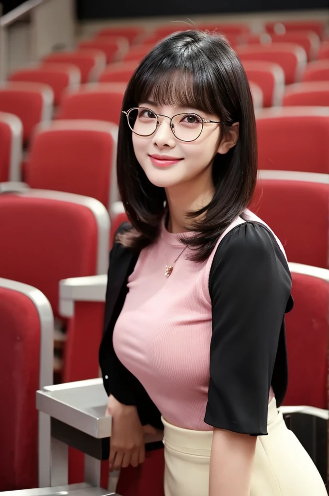 Adult feminine sex appeal、Sexy female scholar、Surrounded by female college students、University lecture hall, university psychology associate professor, ((full body)), ((photo)), ((best qualtiy, 8K, tmasterpiece:1.3)), Focus:1.2, perfect figure beautiful woman:1.41woman, cowboy shot, look at viewer, eyes facing the camera, incredibly absurd, beautiful and cute woman with a photorealistic face, showcasing top-quality craftsmanship, A Japanese woman giving a lecture at a university lecture hall, 27 years old, with a bob cut and flipped hair, short bangs swept at an angle, smooth and shiny hair, natural hairline, fair and smooth skin, plump and healthy cheeks, large, jet black eyes, round eyes, long and upward-facing eyelashes, double eyelids, thin and straight eyebrows, small and round nose, plump lips, upturned corners of the mouth, charming smile, cute face, glamorous, well-balanced proportions, tall, beautiful D-cup breasts, silver-rimmed glasses, pink blouse, black tight skirt, fashion with a waist-marked silhouette, scarf, heeled shoes, vanilla perfume, beautiful, pretty older woman, glasses suit her, knowledgeable, playful, curious, smart, elegant, November