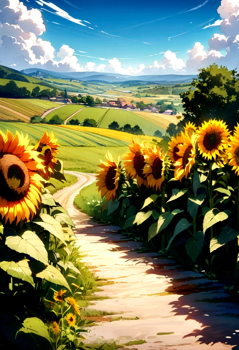 A picturesque landscape featuring a vast expanse of fields and farmlands under a bright blue sky with fluffy white clouds. A dirt path leads down from a hill, with a tall sunflower standing prominently in the foreground. The scene is vibrant and idyllic, capturing the beauty of the countryside