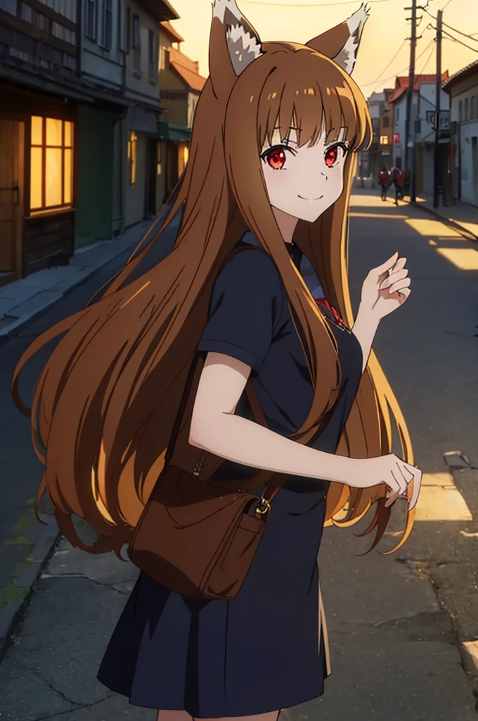 (masterpiece:1.3), (best quality:1.1), (8k, ultra detailed, ultra high res:1.2), ((anime style)), (perfect 5 fingers:1.1), perfect anatomy, 
1girl, wolf girl, 
holo, 
BREAK long hair, wolf ears, fuffy hair in the ears, 
brown hair, 
red eyes,  
small breasts,  
food, brown food, 
smile, 
BREAK looking at viewer, 
cowboy shot, 
standing, 
perfect light, 
outdoor, outside, city, cityscape, (village:1.3), 