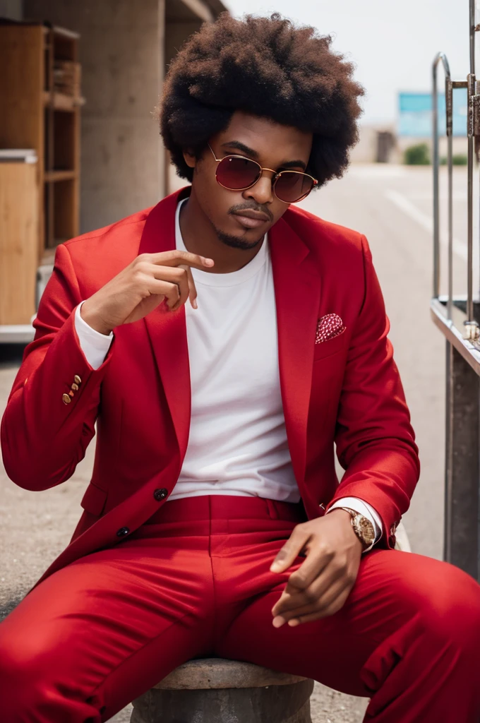 A man wearing an afro and sunglasses and a red suit