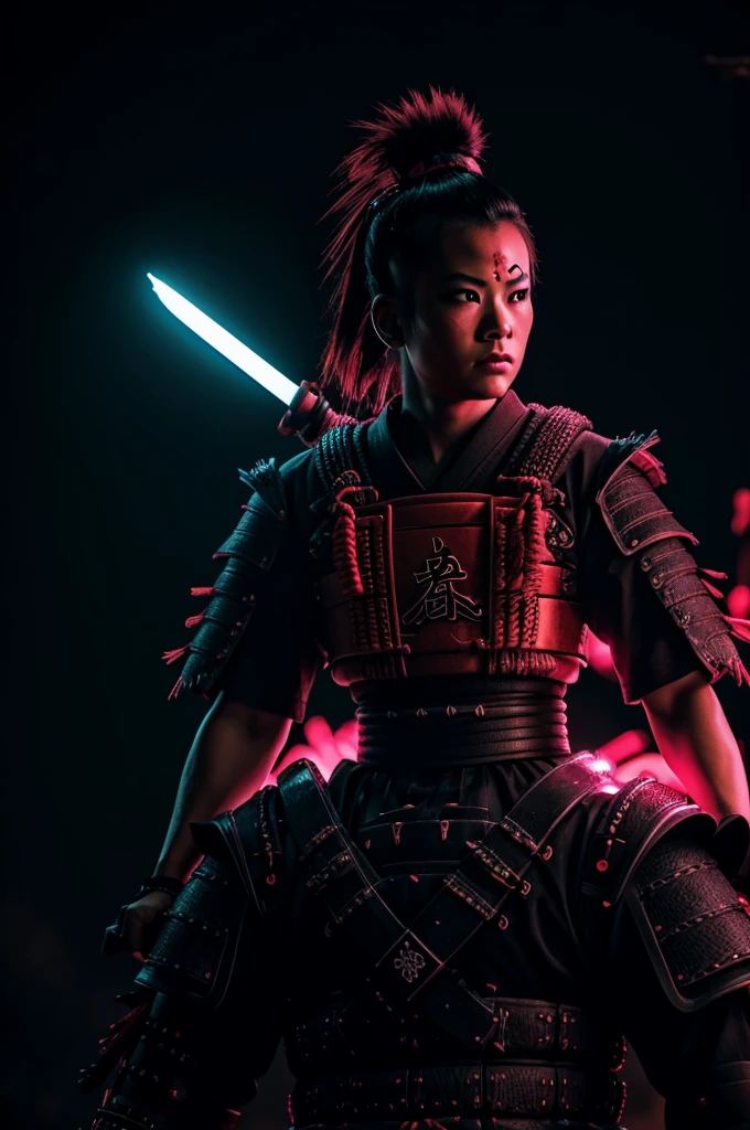 Samurai punk neon glowing dark background 