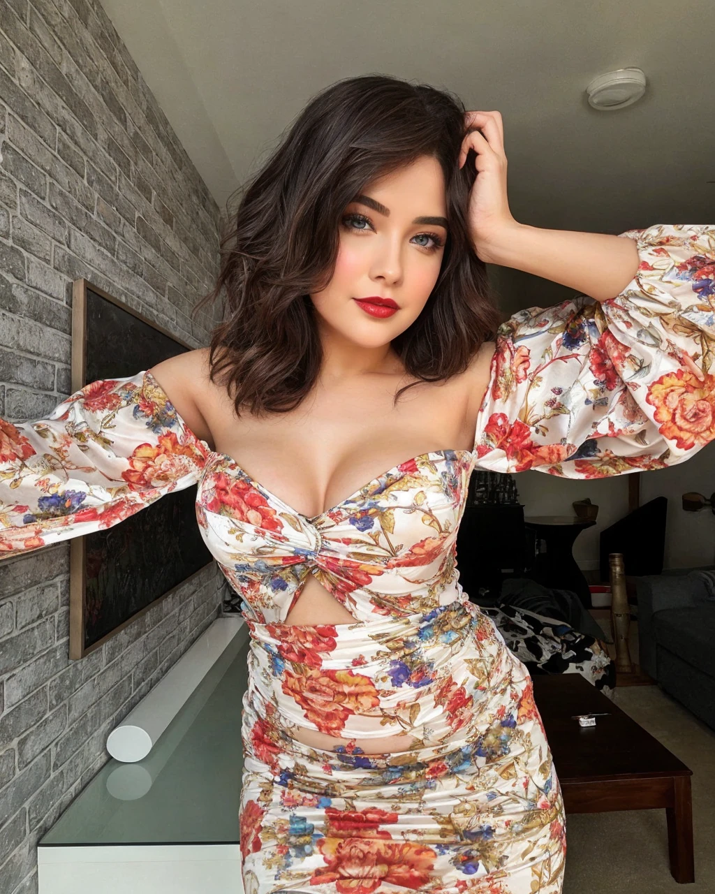 Thick thigs, blue gown, exposed belly red lips