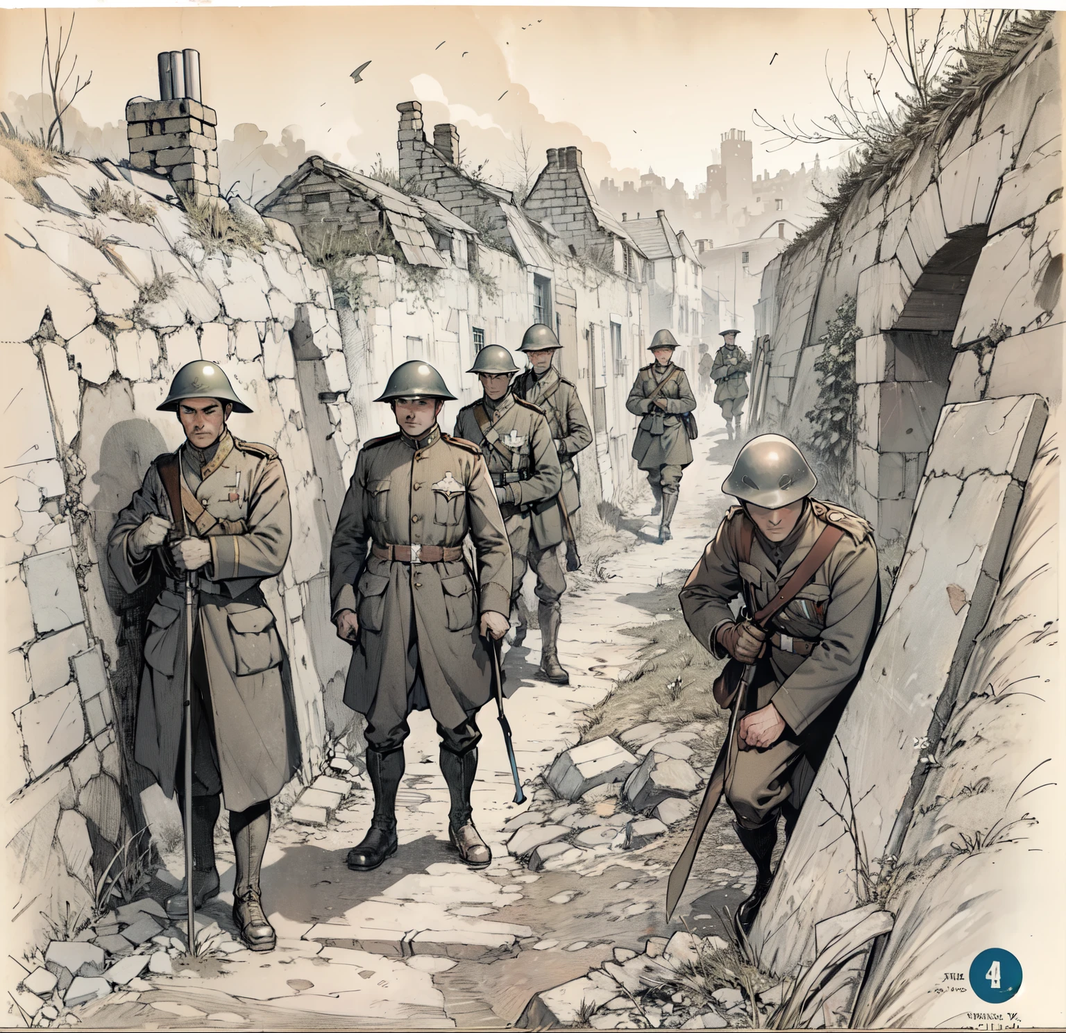 WW1 BRITISH SOLDEIRS IN A TRENCH VILLAGE