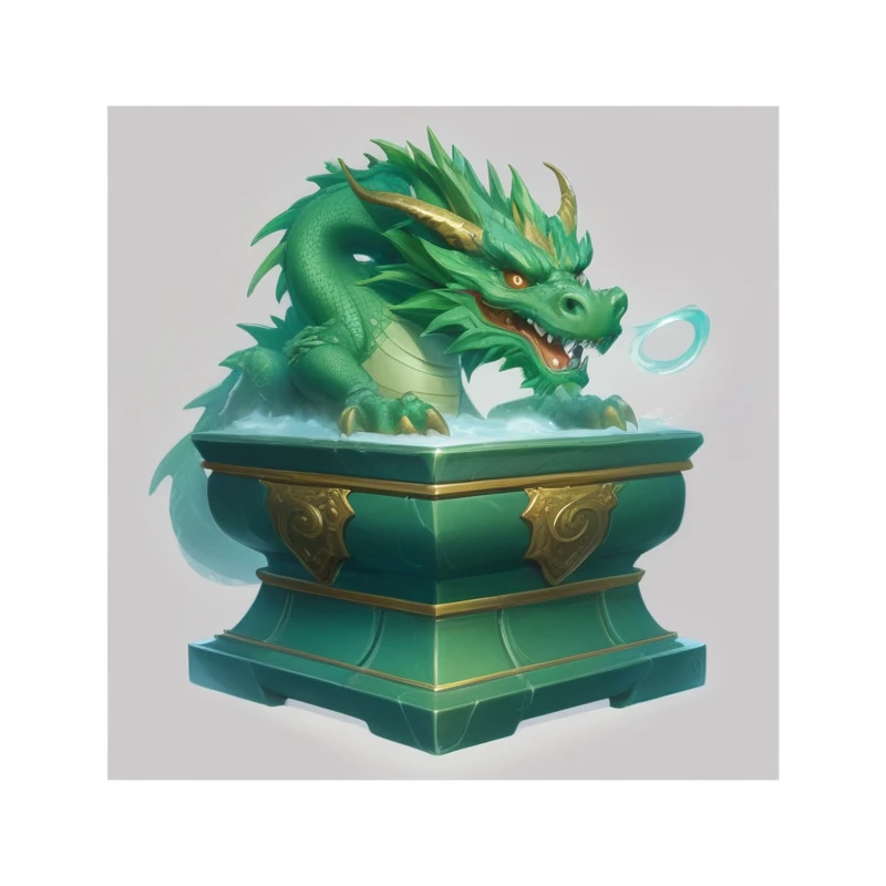 a close up of a Green Dragon statue on a pedestal, Chinese dragon concept art, Green Dragon, Cyan Chinese Dragon Fantasy, Hearthstone concept art, large Green Dragon, author Jeremy Chong, author Ryan Yee, by Li Zai, blizzard Hearthstone concept art, Jade Dragon Statue, Sleek Chinese Dragon, Legendary Dragon, author：Ren Xiong, Collectible Card Art