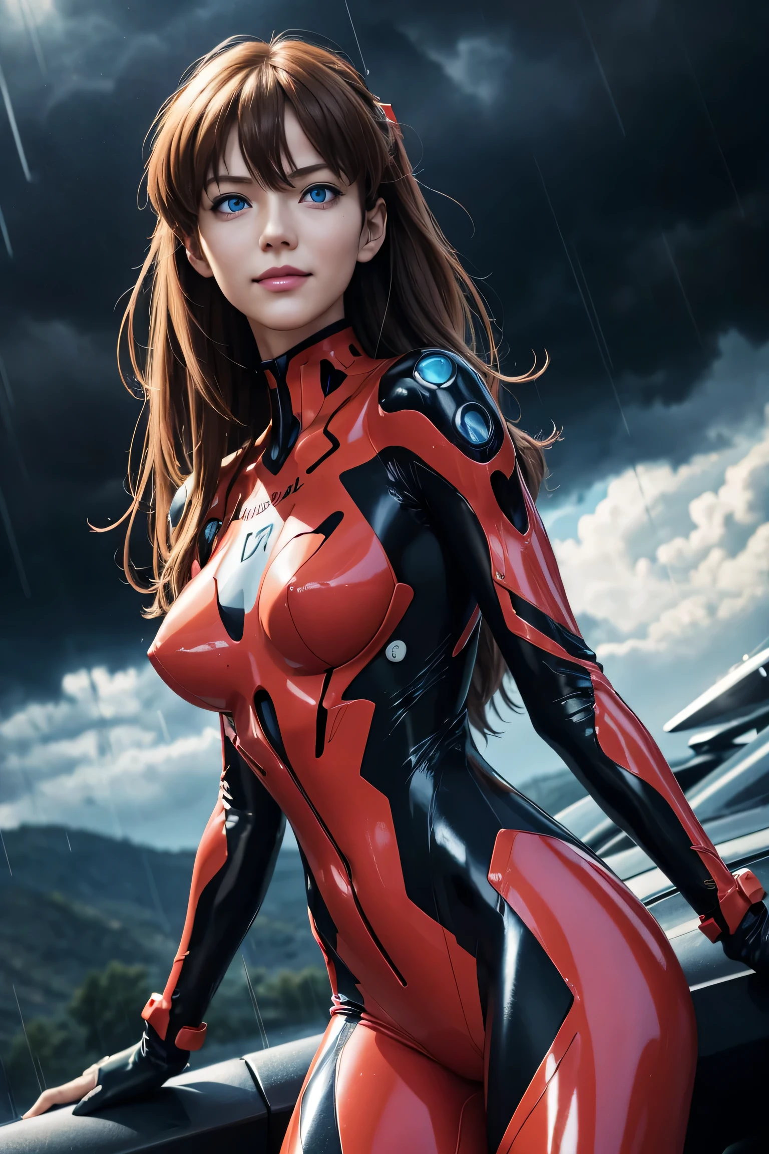 Evangelion,Asuka Langley,blue eyes,Plug Suit,Bodysuits,Interface Headset,赤いBodysuits,Ultra HD,super high quality,masterpiece,Digital SLR,Photorealistic,Detailed details,Vivid details,Depicted in detail,A detailed face,Detailed details,Super Detail,Realistic skin texture,Anatomical basis,Perfect Anatomy,Anatomically correct hand,Anatomically correct fingers,Complex 3D rendering,Sexy pose,Rainy Sky,Beautiful scenery,Fantastic rainy sky,Picturesque,Pink Lips,smile,