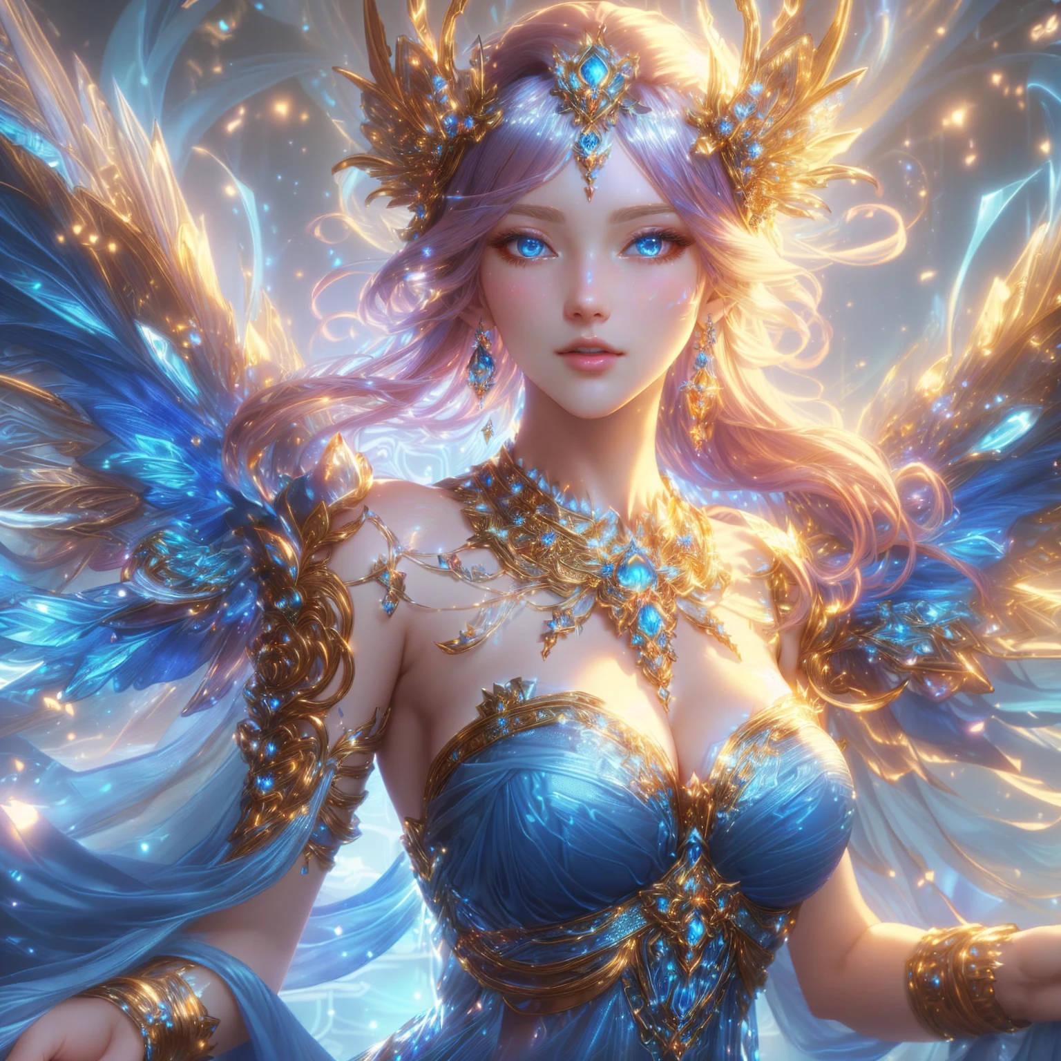 European goddess woman , Close-up of a woman in a blue dress with lights shining behind her., extremely detailed Argerm, anime goddess, beautiful heavenly mage, High quality 8K detailed artwork., Argerm. anime illustration, Beautiful Fantasy Empress, beautiful devil girl, Fantasy anime artwork, beautiful goddess, Argerm style, Detailed digital anime art