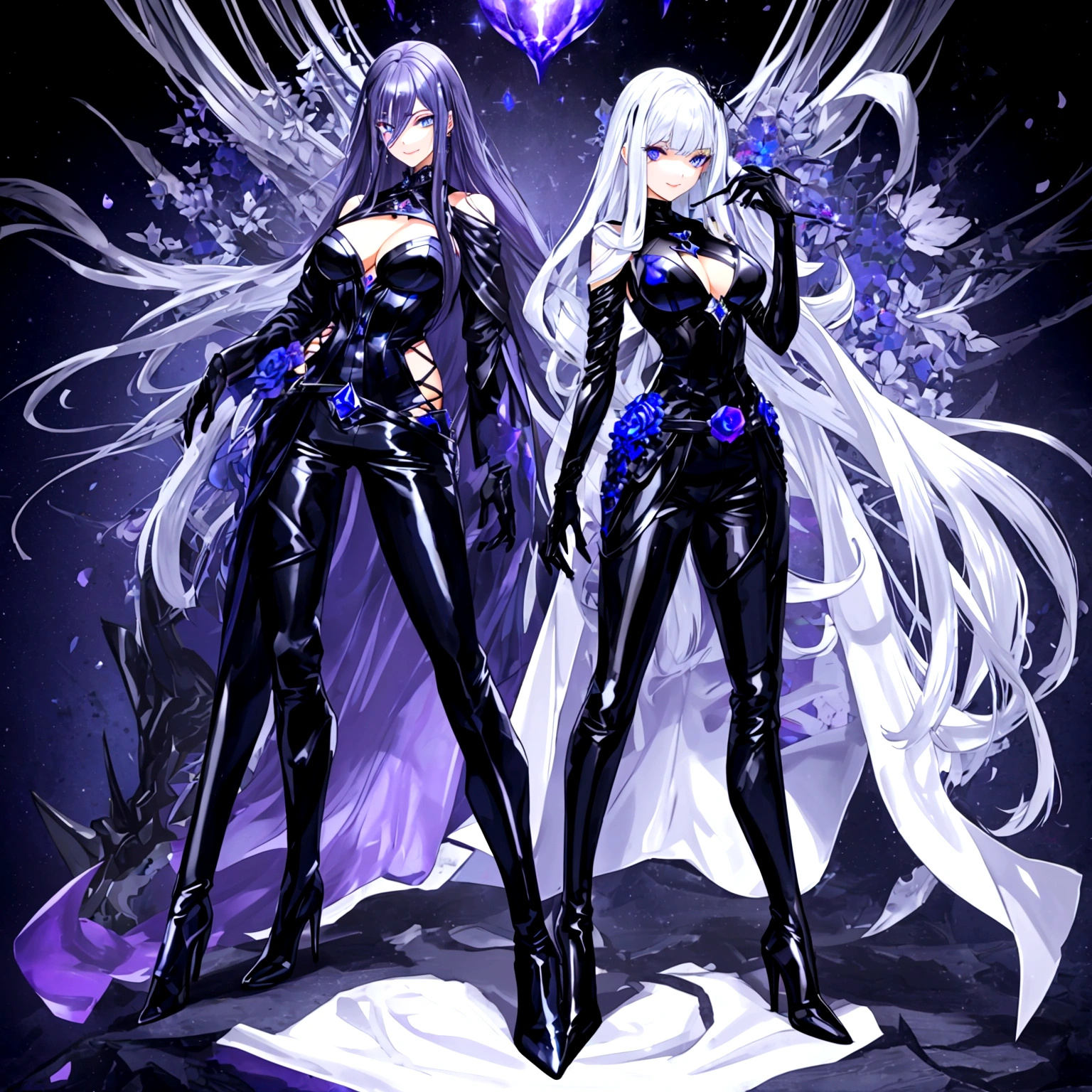 Guy, beautiful facial features, smile, squinted siren dark blue eyes without glare, silver and dark purple long loose hair with straight bang, fantasy black suit with blue and purple elements, long black gloves, model, gorgeous, elegant, lots of silver jewelry, flowers in his hair, pants, leather high heel boots