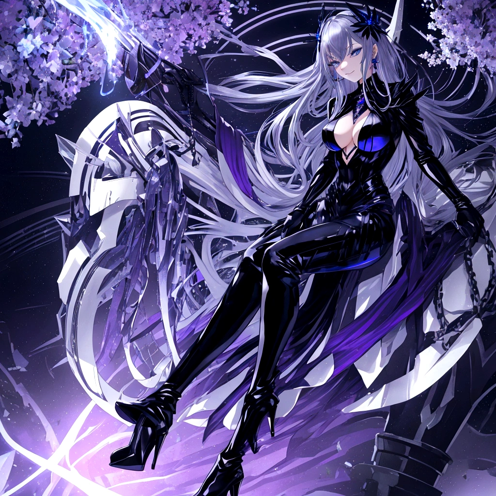 Guy, beautiful facial features, smile, squinted siren dark blue eyes without glare, silver and dark purple long loose hair with straight bang, fantasy black suit with blue and purple elements, long black gloves, model, gorgeous, elegant, lots of silver jewelry, flowers in his hair, pants, leather high heel boots
