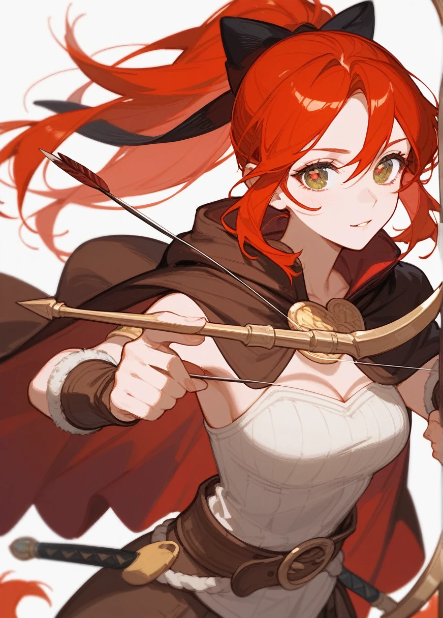 (Fraction_9,Fraction_8_Direction_7_up),1 Woman,Brown pupils,Red Hair, Double tail,Ponytail,hunter,Mink fur on shoulders,holding a bow and arrow in his hands,beauty的_Face,beauty,Wearing brown hunting clothes,怪物hunter、Wearing a cape、 Brown belt, barbarian,Beast bones on the body,No background,Indian costumes,