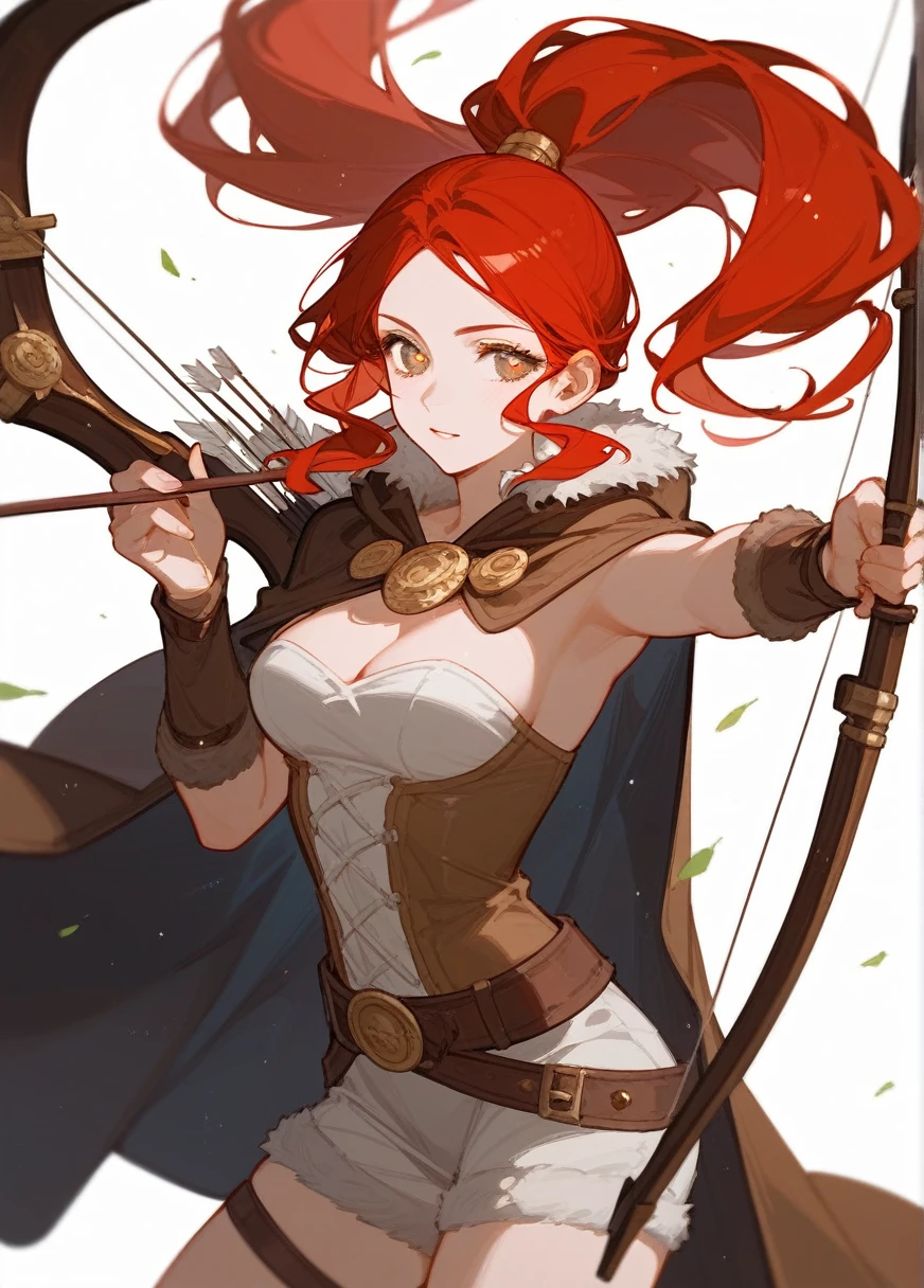 (Fraction_9,Fraction_8_Direction_7_up),1 Woman,Brown pupils，Red Hair, Double tail，Ponytail，hunter，Mink fur on shoulders，holding a bow and arrow in his hands,beauty的_Face,beauty,Wearing brown hunting clothes，怪物hunter、Wearing a cape、 Brown belt, barbarian，Beast bones on the body，No background，Indian costumes，