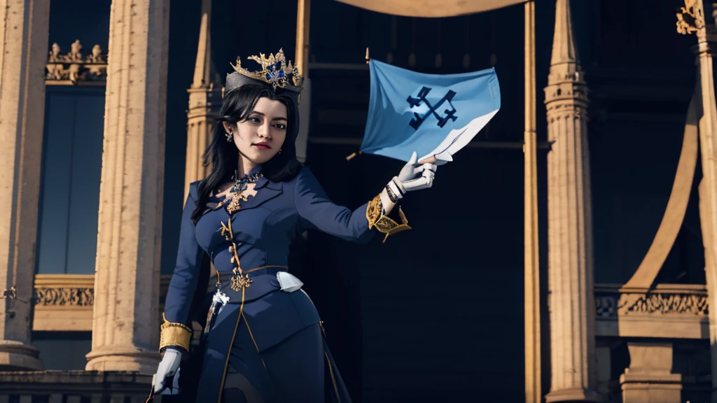 German Scene,Spectacular,Magnificent,style,Black-haired queen holding a blue banner,crown,Nazi hand gesture,European Parliament Building,Point your hand forward