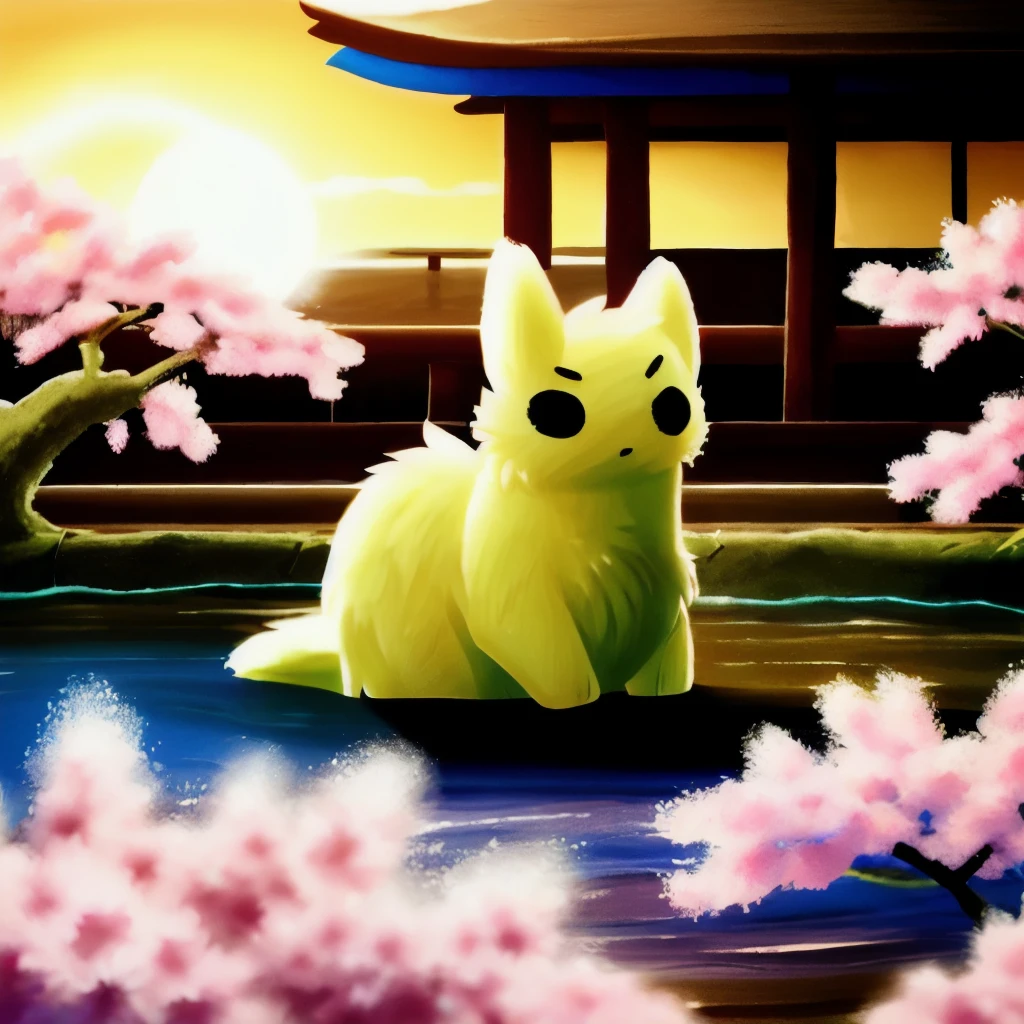 Fluffy, Slugcat, Happy, Looking at viewer, Artwork, Masterpiece, Good quality, hq, Full body, Feral, Quadrupled, Fur reflecting light, Soft lighting, SaintRainWorld, Medieval, Japan, Sakura, Pond, Japanese culture, Beautiful view, Prehistorical japanese architecture, Sunny day, Soft colors, Pleasant, Vibrant, Relaxed, Looking in the distance