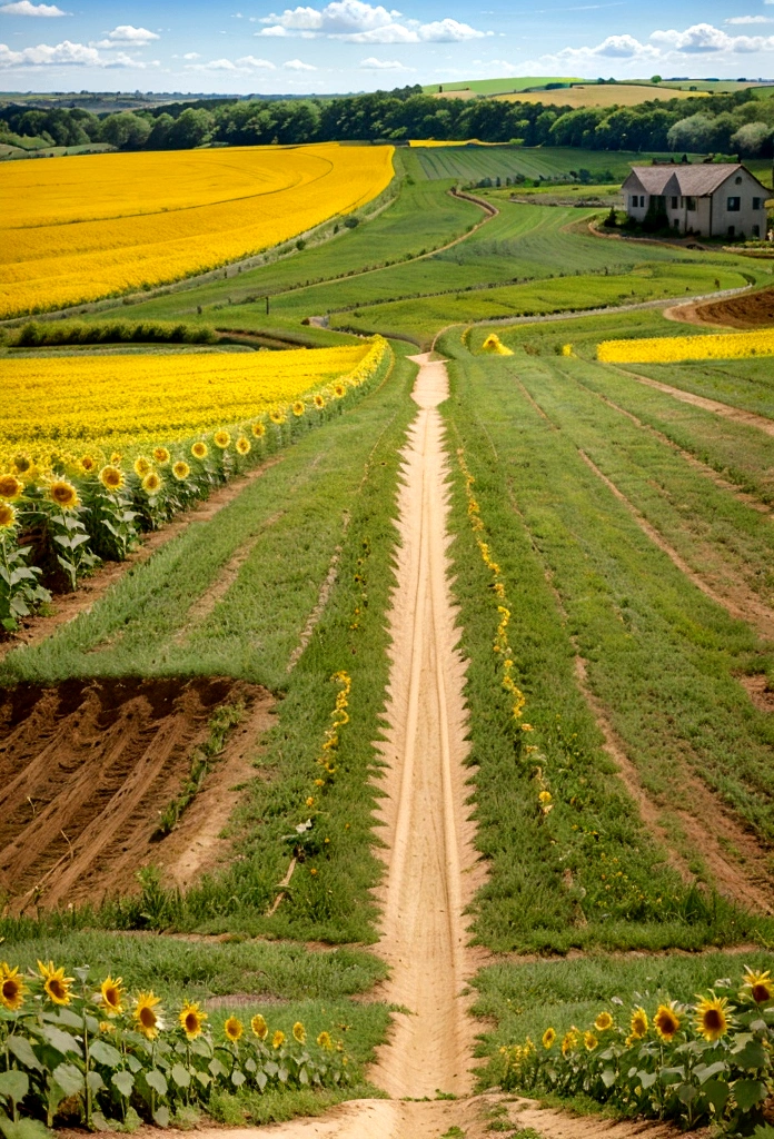 A picturesque landscape featuring a vast expanse of fields and farmlands under a bright blue sky with fluffy white clouds. A dirt path leads down from a hill, with a tall sunflower standing prominently in the foreground. The scene is vibrant and idyllic, capturing the beauty of the countryside