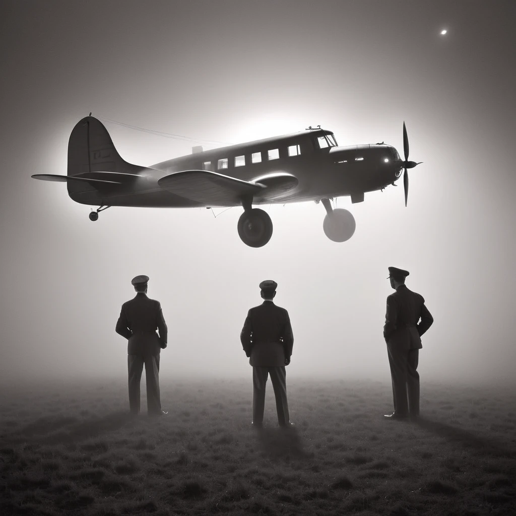 abroad. At night. fog. Out of focus background, Lockheed Model 12 Electra Junior Airplane. Black and white photography in the style of a 1940s movie. whole body,Special workers,London,3 men