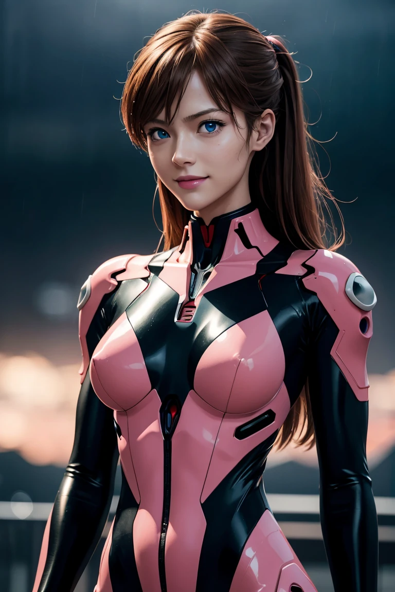 Evangelion,Asuka Langley,blue eyes,Plug Suit,Bodysuits,Interface Headset,赤いBodysuits,Ultra HD,super high quality,masterpiece,Digital SLR,Photorealistic,Detailed details,Vivid details,Depicted in detail,A detailed face,Detailed details,Super Detail,Realistic skin texture,Anatomical basis,Perfect Anatomy,Anatomically correct hand,Anatomically correct fingers,Complex 3D rendering,Sexy pose,Rainy Sky,Beautiful scenery,Fantastic rainy sky,Picturesque,Pink Lips,smile,