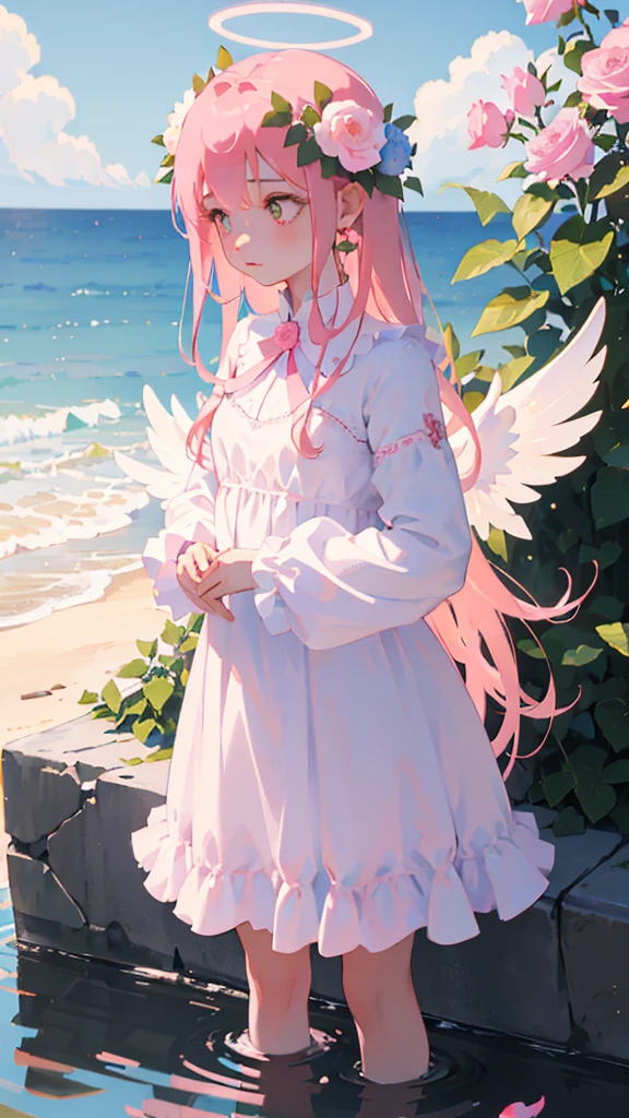 1girl, flower, solo,halo, long hair, wings, pink hair, pink flower, standing, white flower, angel, water, rose, long sleeves, red flower, dress, head rest, angel wings, feathered wings, closed mouth, pink rose, blue flower, bangs, pink dress, plant