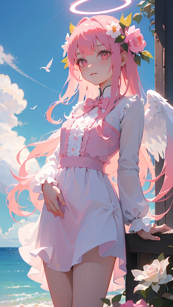 1girl, flower, solo,halo, long hair, wings, pink hair, pink flower, standing, white flower, angel, water, rose, long sleeves, red flower, dress, head rest, angel wings, feathered wings, closed mouth, pink rose, blue flower, bangs, pink dress, plant