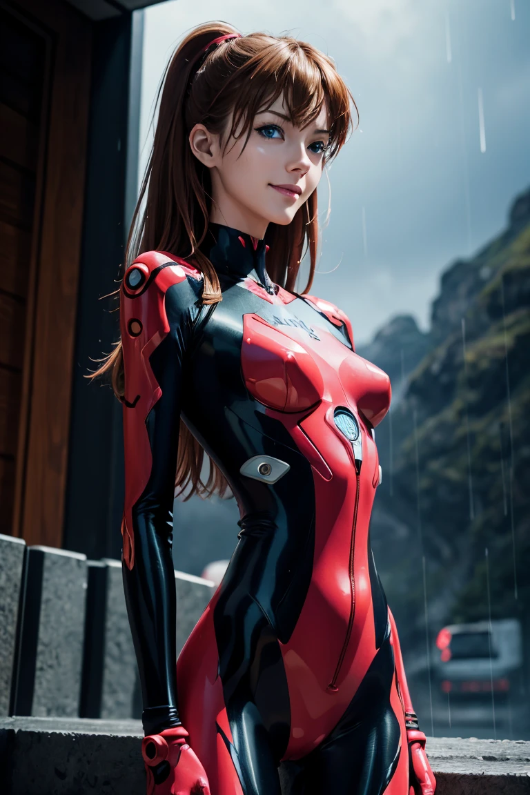 Evangelion,Asuka Langley,blue eyes,Plug Suit,Bodysuits,Interface Headset,赤いBodysuits,Ultra HD,super high quality,masterpiece,Digital SLR,Photorealistic,Detailed details,Vivid details,Depicted in detail,A detailed face,Detailed details,Super Detail,Realistic skin texture,Anatomical basis,Perfect Anatomy,Anatomically correct hand,Anatomically correct fingers,Complex 3D rendering,Sexy pose,Rainy Sky,Beautiful scenery,Fantastic rainy sky,Red Sea,Picturesque,Pink Lips,smile,