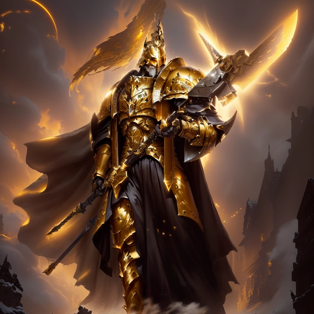 Arafed statue of a knight with sword and shield, golden paladin armor, Warhammer Emperium Style, Ares in heavy armor and sword, Adeptus Custodes Centurion, heavy gold armor, Heavy golden armor, golden paladin, Fantasy art of Warhammer, War Hammer, Epic Paladin Armor, warhammer 4 0k fantasy, golden heavy armor. Dramatic