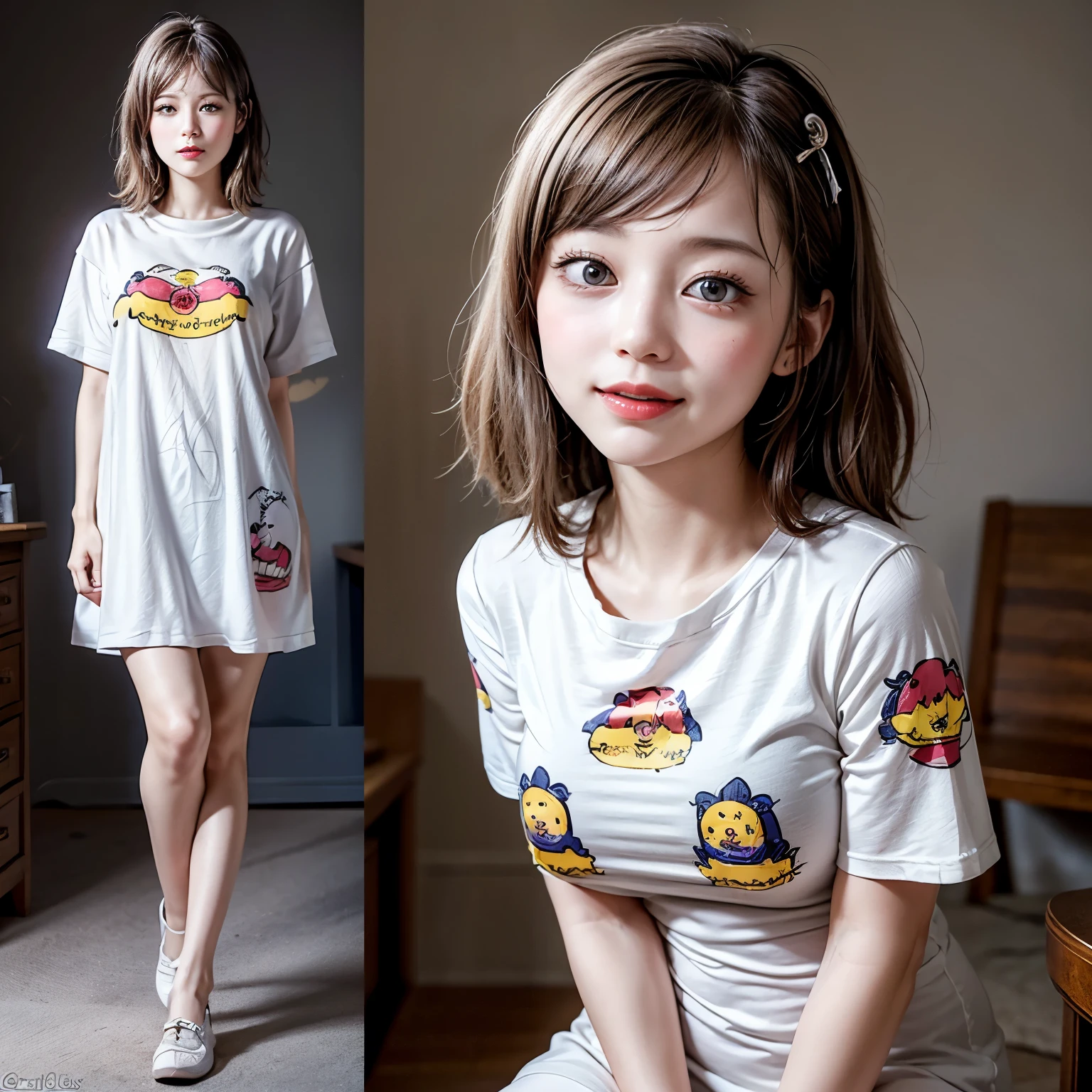 White and Bright Red, (Masterpiece 8K TopQuality:1.2) (ProfessionalPhoto:1.37) ExtremelyDetailed (((FullBody, KAWAII girl with HUGE boobs:1.37)) in ((WHITE cotton T-shirt dress:1.28) with (LifeSize her portrait printed on it:1.37)) detailed (Delicate cotton textures)) PerfectLighting (Studio Dark GRAY Background) with (Oodles of mystic Dazzling RainbowColor Particles:1.26)  BREAK  (((NOGIZAKA FaceVariations))), Extremely Detailed (very KAWAII Face), Childish CaptivatingGaze Stunning ParfectEyes ElaboratePupils with (SparklingHighlights:1.28), DoubleEyelids with (Detailed Voluminous LongEyelashes:0.88), Small GlossyRedLips with BeautifulDetails, CoquettishTongue, PUNIPUNI RosyCheeks, Radiant PearlSkin with Transparency, Glowing DowneyHair . { (Dynamic Joyful expressions LifeLike Rendering:1.4) | (:d) }, (large eyes:-1) . 