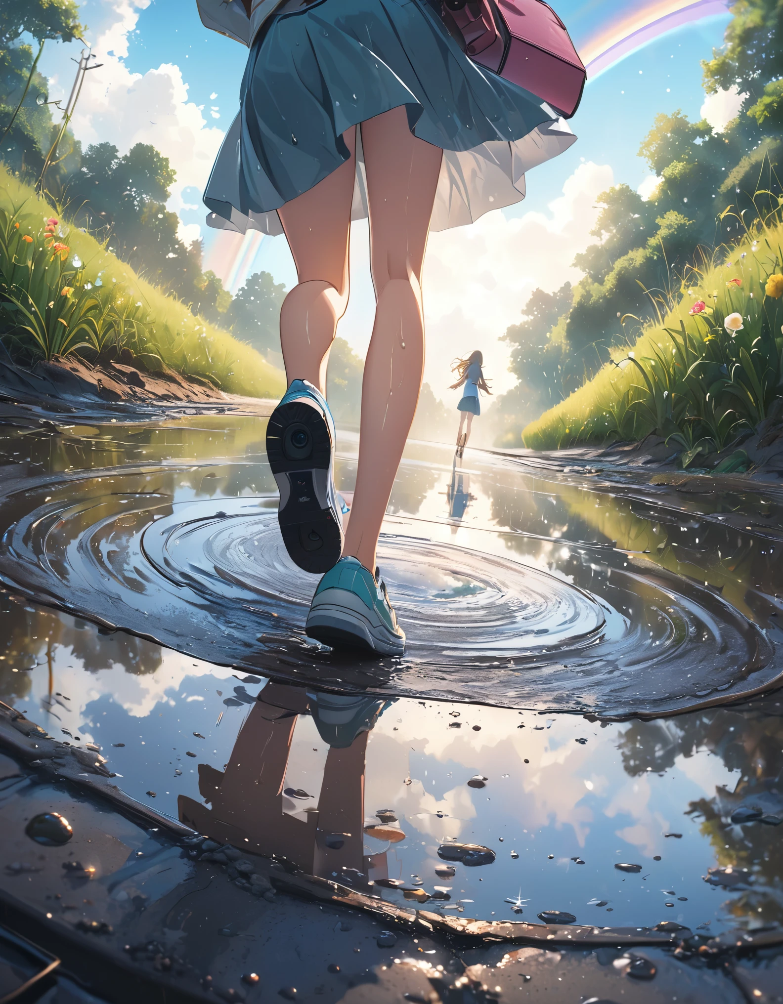 (anime style:1.4),soft pictorial touches,ultra-detailed,high quality,highres,masterpiec,4k,8k,after the rain,wet ground,girl jumping over a puddle,picture from behind,camera angle looking up from the ground,rainbow,beautiful detailed eyes,beautiful detailed lips,extremely detailed face and eyes,long eyelashes