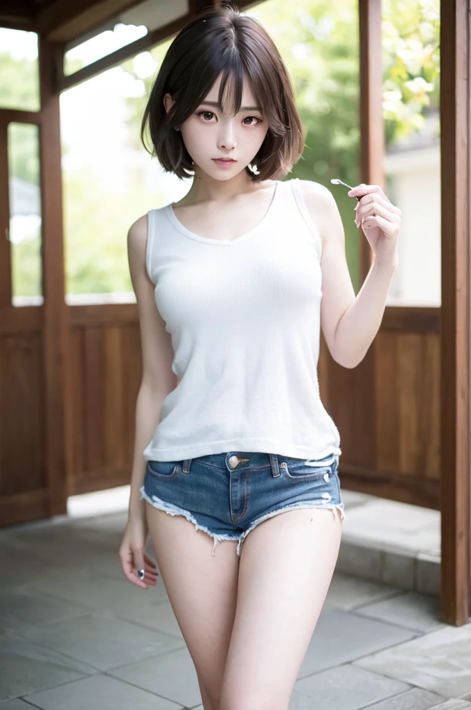 ((((masterpiece, Highest quality, High resolution)))), Very detailed的8k, Beautiful girl with a sexy body, (超High resolution, Very detailedな, Very detailed, Very realistic, Surreal, Shoot realistically), (1 Girl:1.5), (Realistic white hair), Short Curly Hair, Bob Carter, (Dynamic pose), Facecamea, A faint smile, Purple eyes, Average chest, (Beautiful and delicate face, Beautiful and delicate eyes), (White vest, Thin material), Split, dark denim shorts, shine, Sweat, (sunlight, sunlight)
