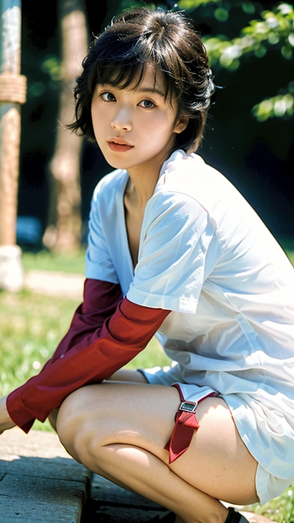 (Best quality, 8k, 32k, Masterpiece, UHD:1.2),Photo of Pretty Japanese woman,black short hair,beauty face,(leaning forward:1.3),squatting,(from above:1.2),(close up:1.4),pov,loose t-shirt,large breasts,(beautiful nipple slip:0.9),outdoors,windy,shiny skin,blurry background,