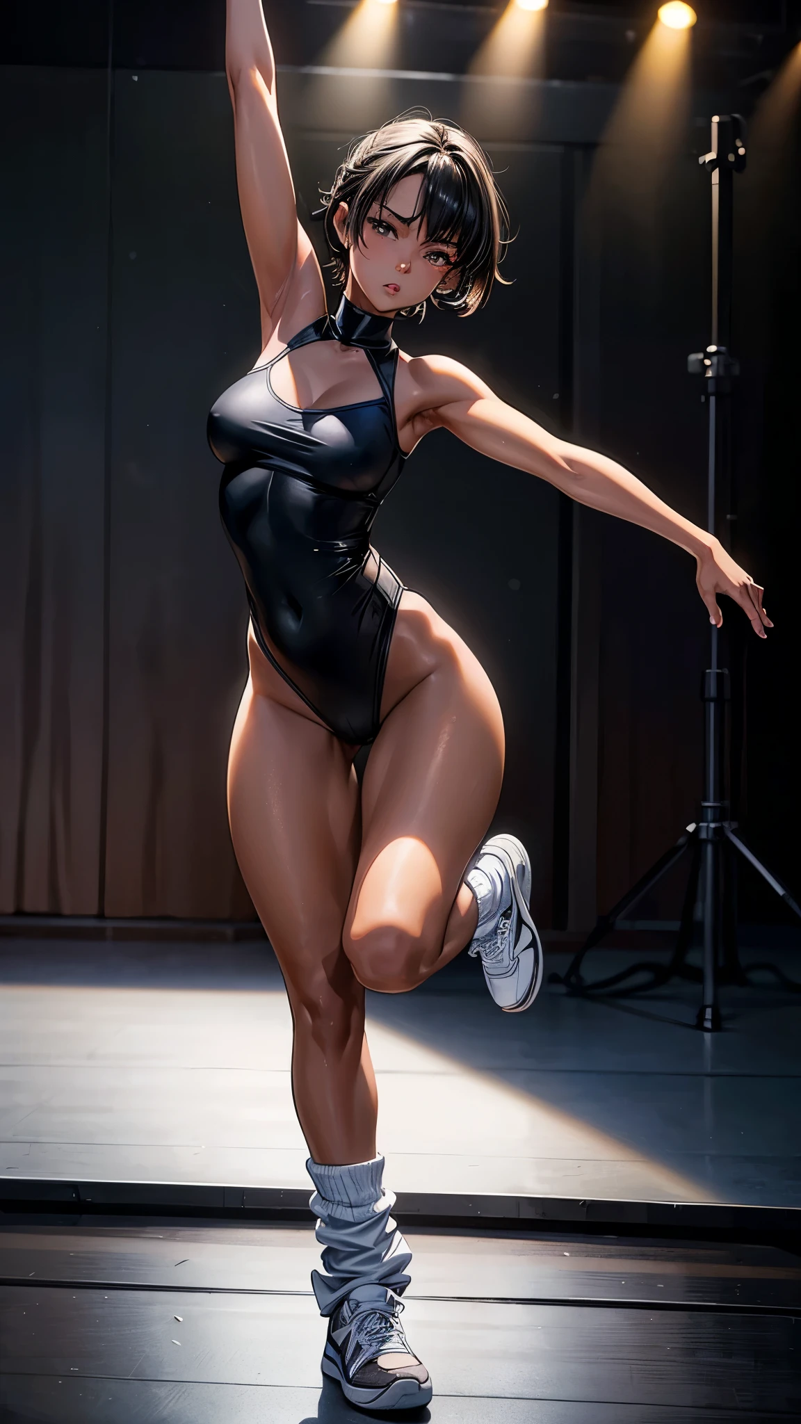 a beautiful teenage girl in a dance studio, sweating, with ((dark skin)) and short black hair, beautiful posture,concentrate for dancing ballet, wearing a high-neck leotard, ((loose socks1.8)), and (sneakers), performing ballet, (best quality,4k,8k,highres,masterpiece:1.2),ultra-detailed,(realistic,photorealistic,photo-realistic:1.37),highly detailed ballet dancer, expressive face, dynamic movement, dramatic lighting, vibrant colors, cinematic composition