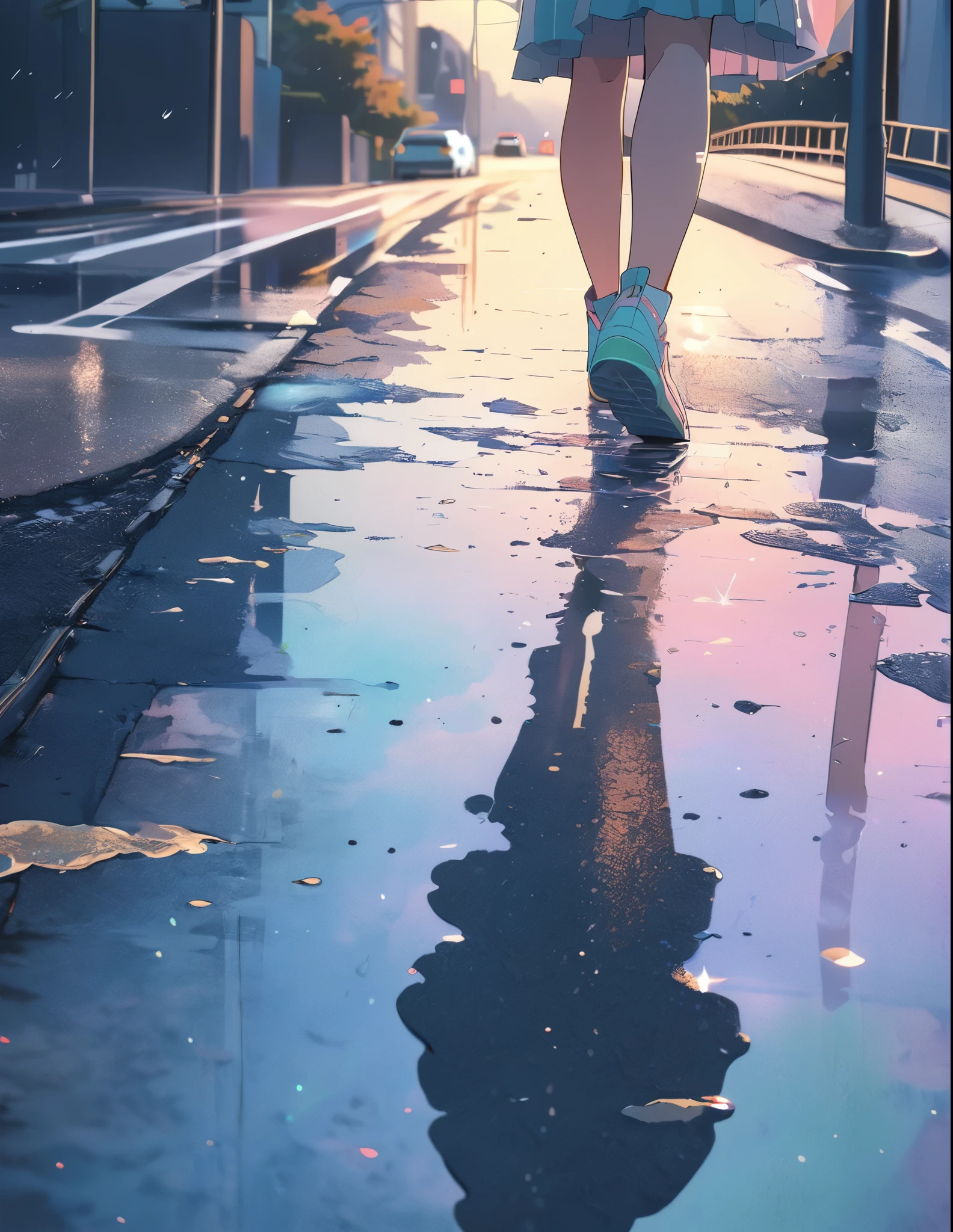 (anime style:1.4),Soft pictorial touches、超High resolution, Attention to detail, high quality, High resolution, 最high quality, 4K, 8K,Road after the rain、Puddle and girl、Pastel color effect
