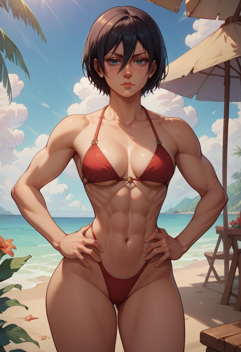 1woman, cleavage, on a beach, hands holding own hips, judging, medium breasts, wide hips, big ass, Mikasa,standing