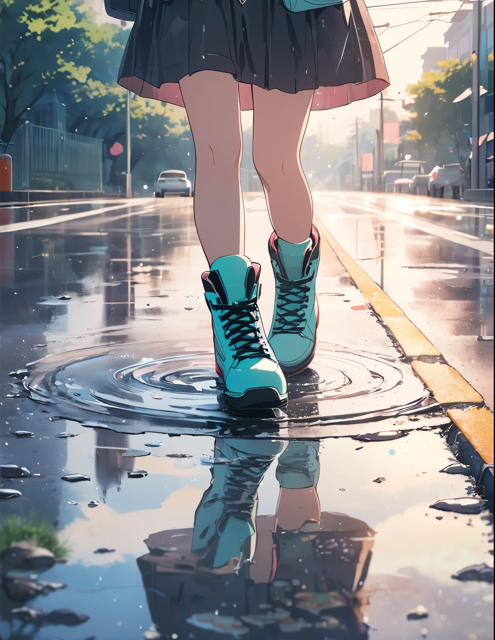 (anime style:1.4),Soft pictorial touches、超High resolution, Attention to detail, high quality, High resolution, 最high quality, 4K, 8K,Road after the rain、Puddle and girl、Pastel color effect