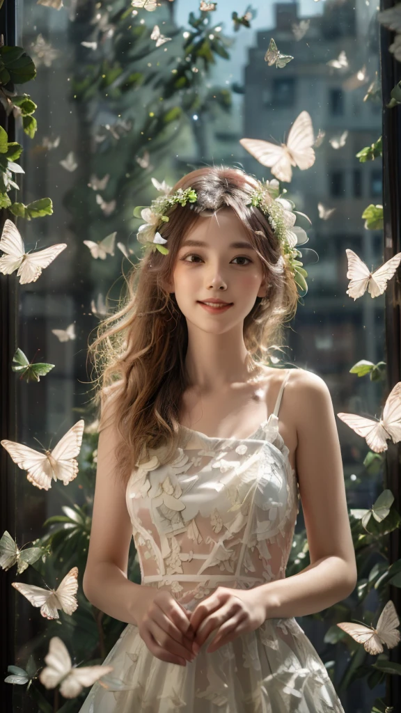 (A beautiful and sunny girl:1.2),(black hair:1.1),Wearing a white wedding dress,(wreath:1.2),Happiness,Smile,Vitality,
white butterfly,(fresh green plants:1.1),gentle sunshine,(masterpiece:1,2), best quality, masterpiece, highres, original, extremely detailed wallpaper, perfect lighting,(extremely detailed CG:1.2ï¼