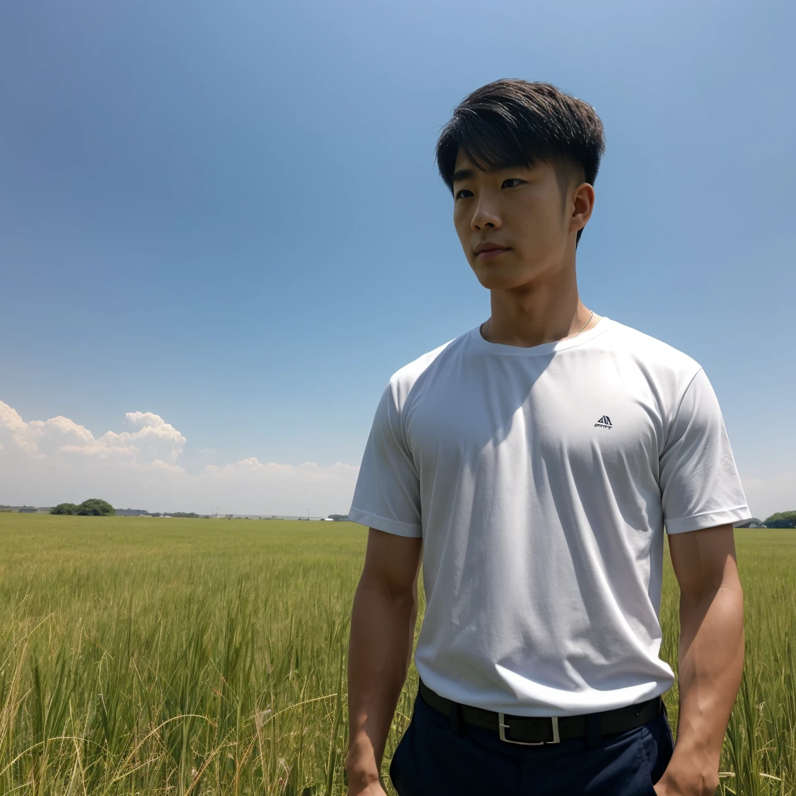 1 man,Solitary,Male focus,sky空,outdoor,sky,Practical,shirt,Grass,Upper Body,Positive face，white shirt,Shut up,(The best shadow)