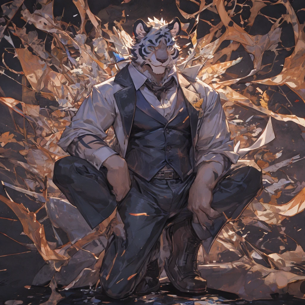 {{bara extremely handsome white tiger,}} {{white fur,}} white, wearing elegant ornate suit jacket, trousers, white dress shirt and necktie, white fluffy furry body and limbs, loafers, very tall, very broad shoulders, narrow waist, muscular arms, massive pecs, purple eyes, very long legs, massive bulge, sophisticated hot look, 3/4 view, best quality, high detail, CG image, character splash art, silver earring on left ear, sultry smirk