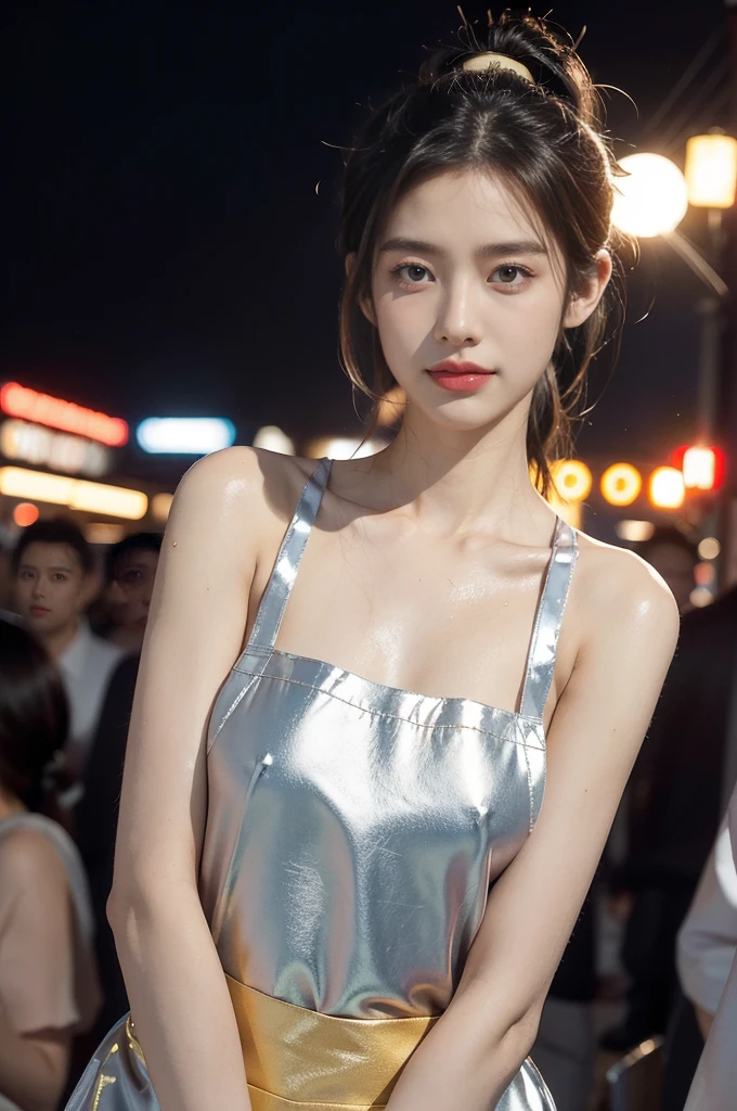 (((best quality))),(((ultra detailed))),(((masterpiece))),illustration,((1 beautiful girl,solo)),((slim,thin)),((small breasts,flat chest)),summer night,metropolis,barbecue joint,humble,vibrant energy,city that never sleeps,(short ponytail:1.2),(((female orgasmic,blush))),(sweat:1.3),(shiny skin:1.5),(sheer apron:1.3),((bare shoulders,bare arms)),(gloves:1.3),(slender legs:1.2),lightweight,practicality,style,sizzling hot grill,smooth,tanned skin,soft glow,skillfully,skewers,meat,intense concentration,bright eyes,alert,passion for work,atmosphere,vibrant,dynamic,laughter,conversation,sizzle,crackle,aromatic scent,tinged,radiant smile,genuine enjoyment,easy manner,warm presence,community,dedication,beauty in simplicity,midst of bustling city streets,outdoor,midnight,((from front,upper body)),(surrounded by crowded crowds:1.3)