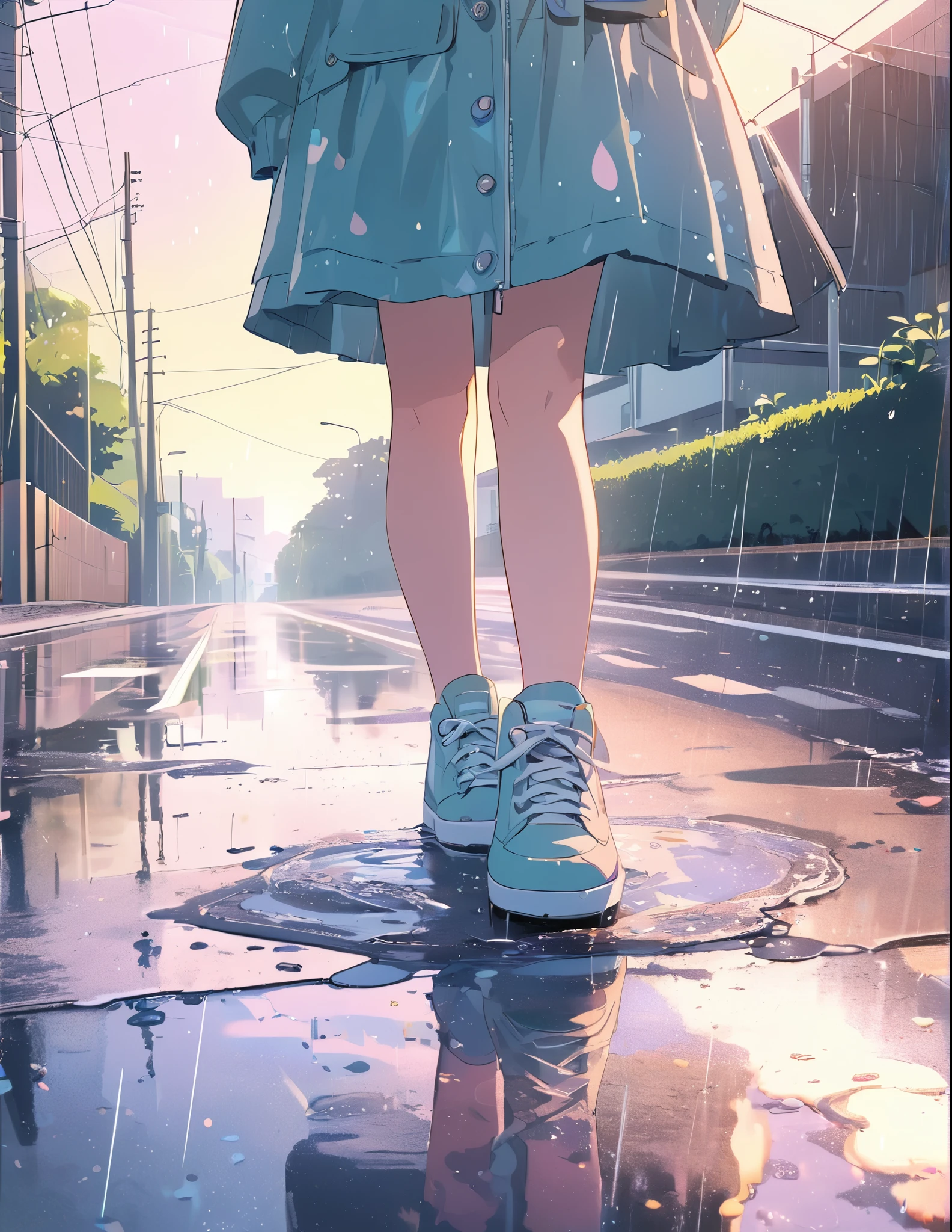 (anime style:1.4),Soft pictorial touches、超High resolution, Attention to detail, high quality, High resolution, 最high quality, 4K, 8K,Road after the rain、Puddle and girl、Pastel color effect