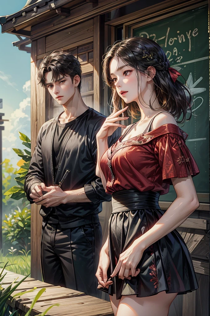 a rural village, young boy and girl, street, high school students, girl,black hair,red eyes, smart ((showa)), cool, lively