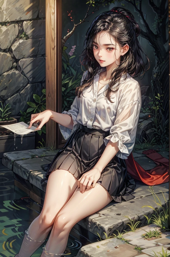 a rural village, young boy and girl, street, high school students, girl,black hair,red eyes, smart ((showa)), cool, lively