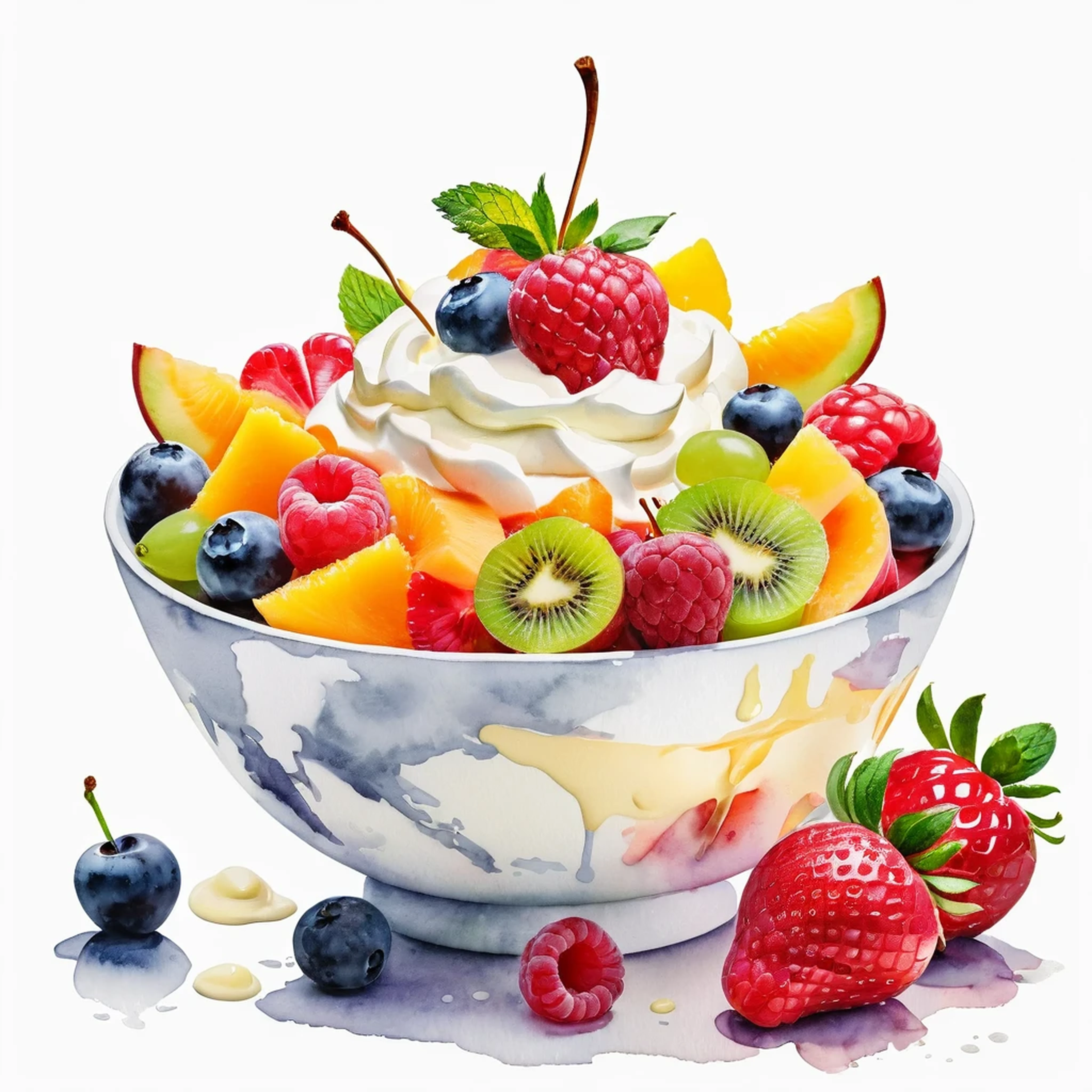 a painting of a bowl of delicious fruit salad with mayonnaise and cream, ((watercolor)), solid white background, center composition, negative space around the object, washed out color, detailed masterpiece