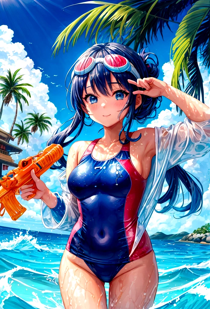 the cool summer weather, a beautiful woman is swimming with goggles on her head, in a Japanese manga style, wearing swimming clothes, Sea, Rich details and background, blue sky, white clouds, palm trees, the whole body, Water gun, summer, sunny beach, beach ball, swimming goggles, swimsuits, many young girls chatting happily, surf, Illustration design